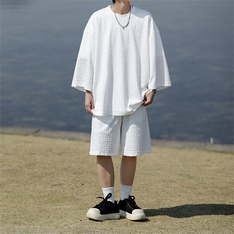 8XL-M 高级感纹理短袖套装男夏季慵懒风T恤短裤两件套TZ108P78图片