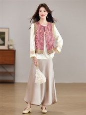 现货春季新款新中式双面穿拼接款圆领马甲+刺绣缎面衬衫两件套女，女装套装/套裙，宝儿家