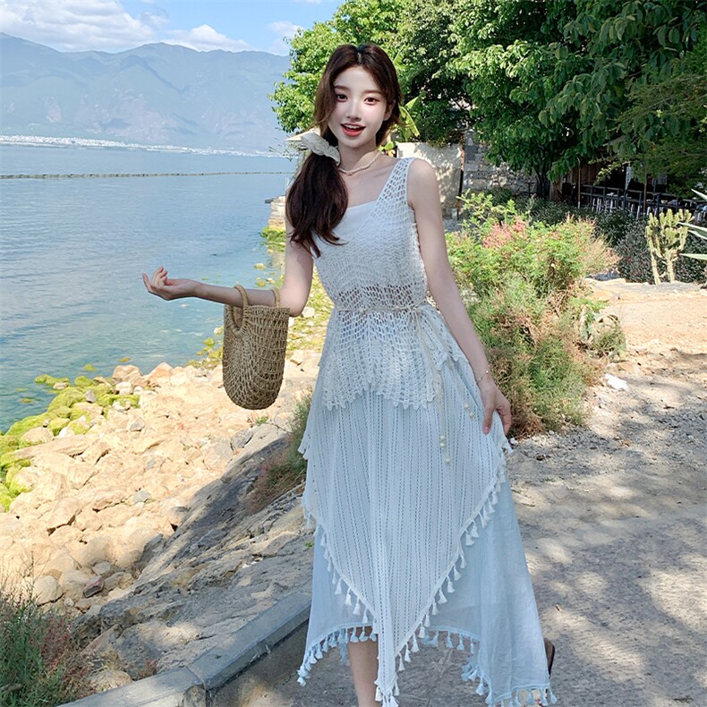 波西米亚度假风套装裙女2025夏新款镂空马甲背心流苏半身裙三件套,女装套装/套裙,浙宝220