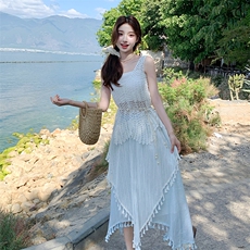 波西米亚度假风套装裙女2025夏新款镂空马甲背心流苏半身裙三件套，女装套装/套裙，浙宝220