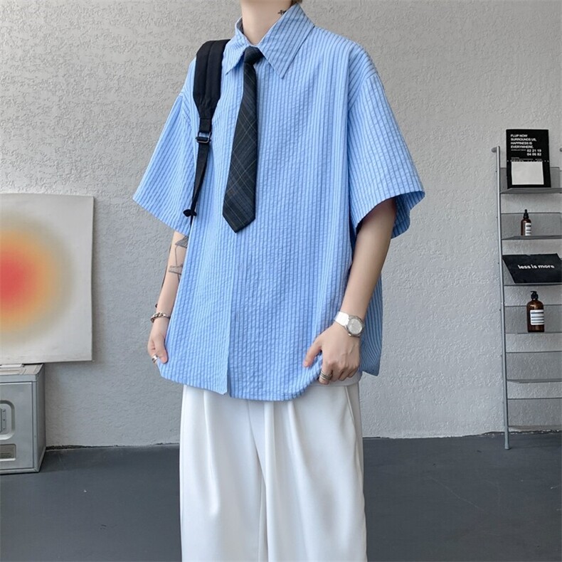 学院风jk领带条纹短袖衬衫大码休闲上衣高级感半袖衬衣DC5010/P55,男装衬衫,电商B238