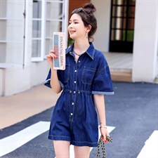 2022夏季新款简约时尚个性气质翻领抽绳收腰显瘦牛仔连体短裤，女装连体裤，瑶迪依秀