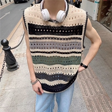 762-P33美式撞色条纹背心男款春季潮牌针织镂空衣服坎肩毛衣无袖，男装T恤，电商B323A