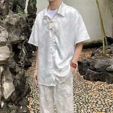 新中式风套装男龙纹衬衫短袖裤子夏季2024新款男装搭配，男装衬衫，星座716-4