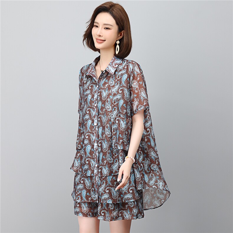 套装女2026年夏季新款时尚宽松中年妈妈大码短裤两件套,女装套装/套裙,江忆布依