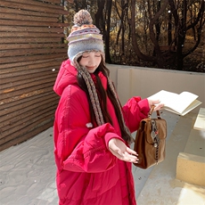 红色连帽羽绒服女冬2025新款超火好看高级小众漂亮中长款加厚外套，女装羽绒服，2C122