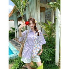 D733-P40复古撞色拼接印花衬衫夏日氛围感休闲宽松五分袖上衣服，男装T恤，星座911