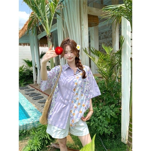 D733-P40 复古撞色拼接印花衬衫夏日氛围感休闲宽松五分袖上衣服图片