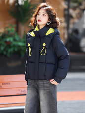 藏青色休闲连帽短款羽绒服女2025冬季新款宽松加厚保暖白鸭绒外套，女装羽绒服，歌伊格美