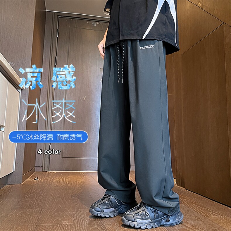 特批P25无差价夏季冰丝凉感字母刺绣阔腿裤潮牌抽绳束脚长裤K1416图片
