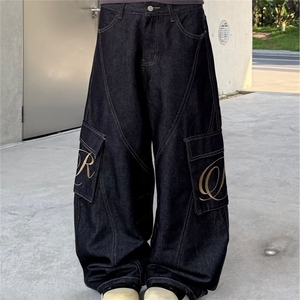美式复古大口袋弯刀牛仔裤女春季新款大码胖MM宽松显瘦阔腿拖地裤图片