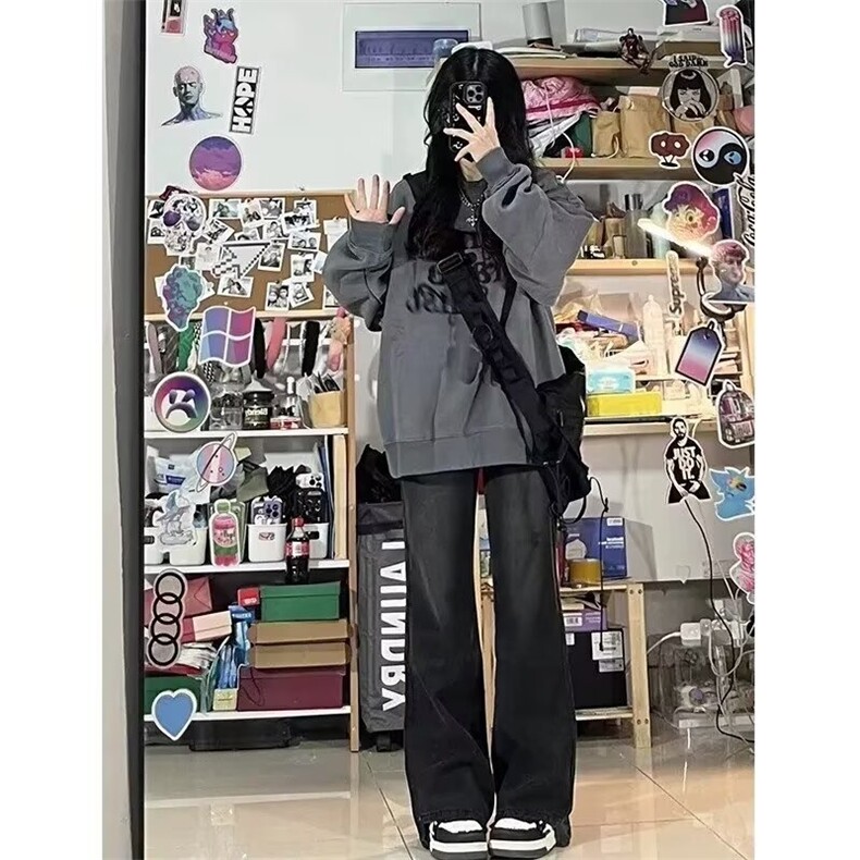 牛仔裤秋冬加绒新款宽松微喇长裤男女生百搭潮流美式休闲阔腿裤子,男装牛仔裤,星座302B