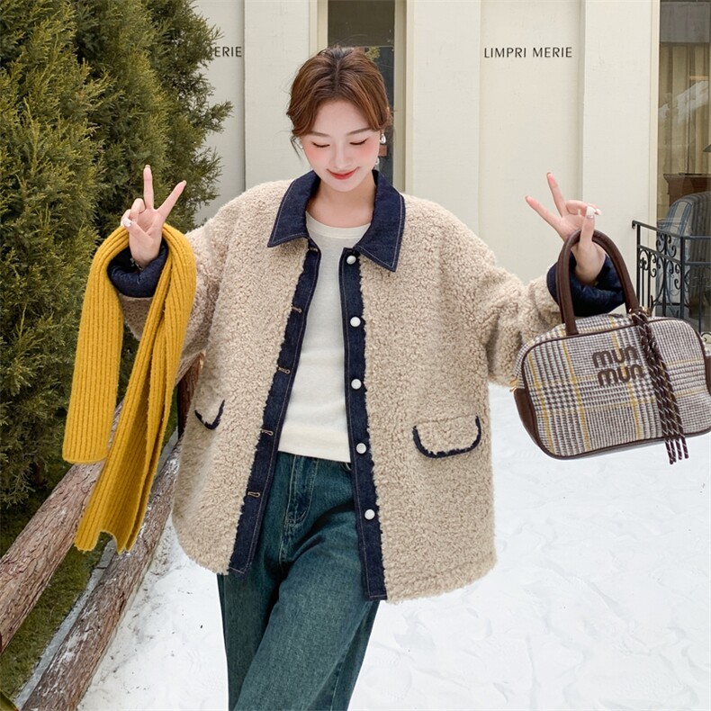 新款主推牛仔拼接羊羔毛外套2652-P195-K298,女装短外套,2C129