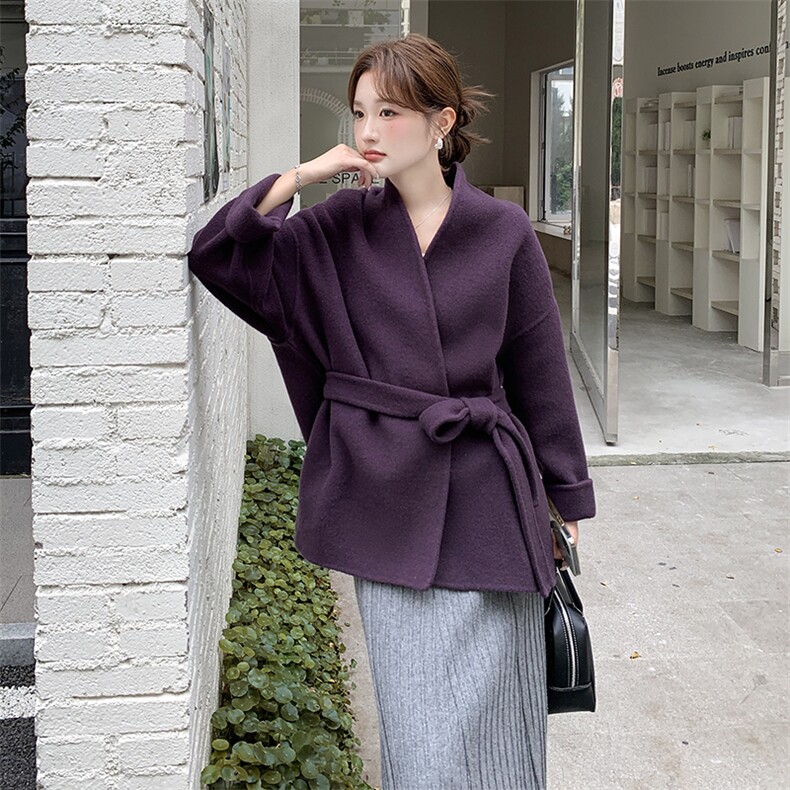 新款西梅子长腰带羊毛呢外套2C220L524P285K389,女装毛呢外套,2C220