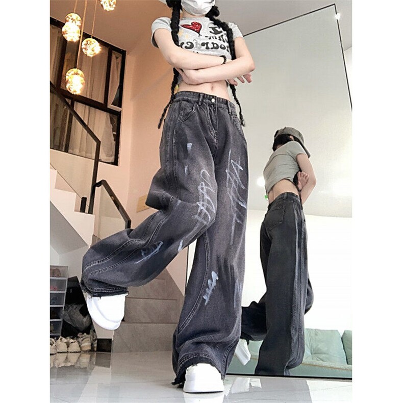 D9029-P58美式高街重工男女涂鸦牛仔裤秋季宽松阔腿裤-网图现货,男装牛仔裤,星座603-2
