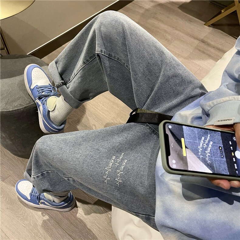 新款宽松直筒净版心电图ins潮牌牛仔裤X715NZ017P45控58，男装牛仔裤，星座715