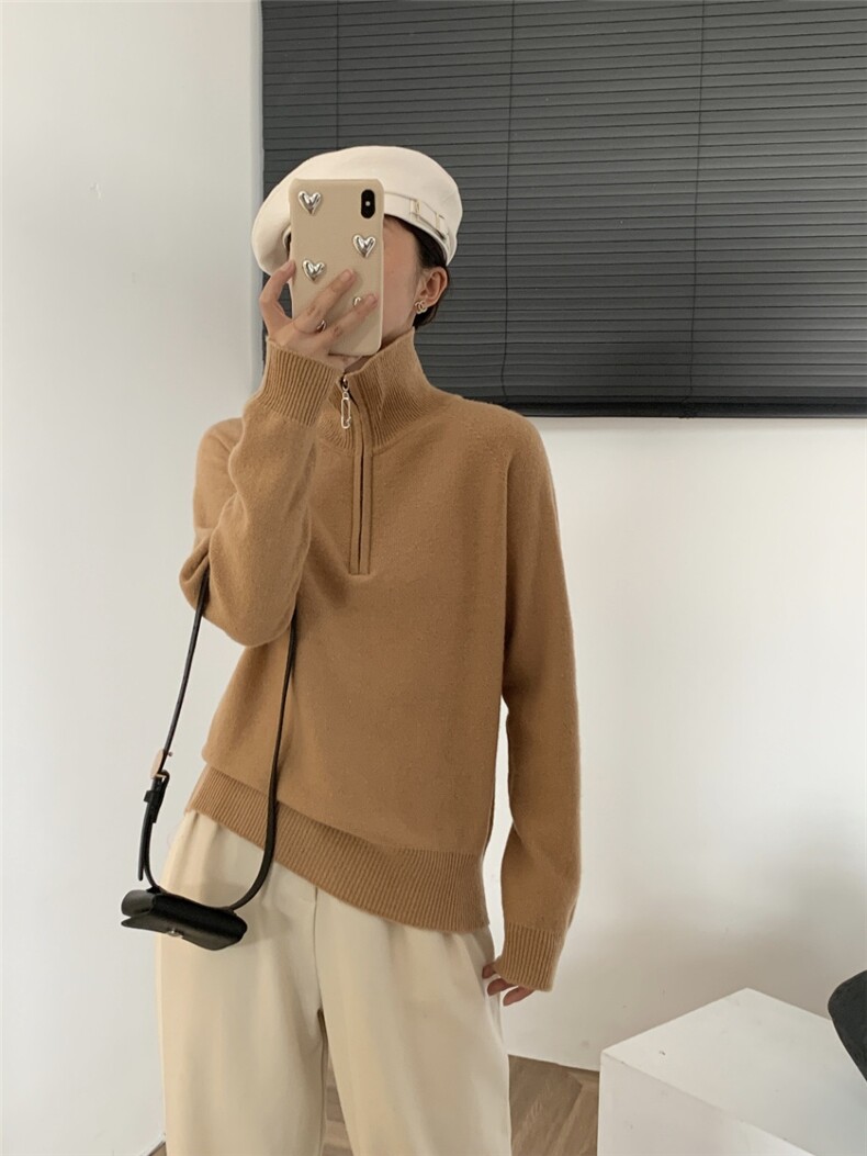 时尚紫色半拉链金豆纱上衣秋冬保暖显瘦长袖毛衣,女装羊毛衫,牧思羊