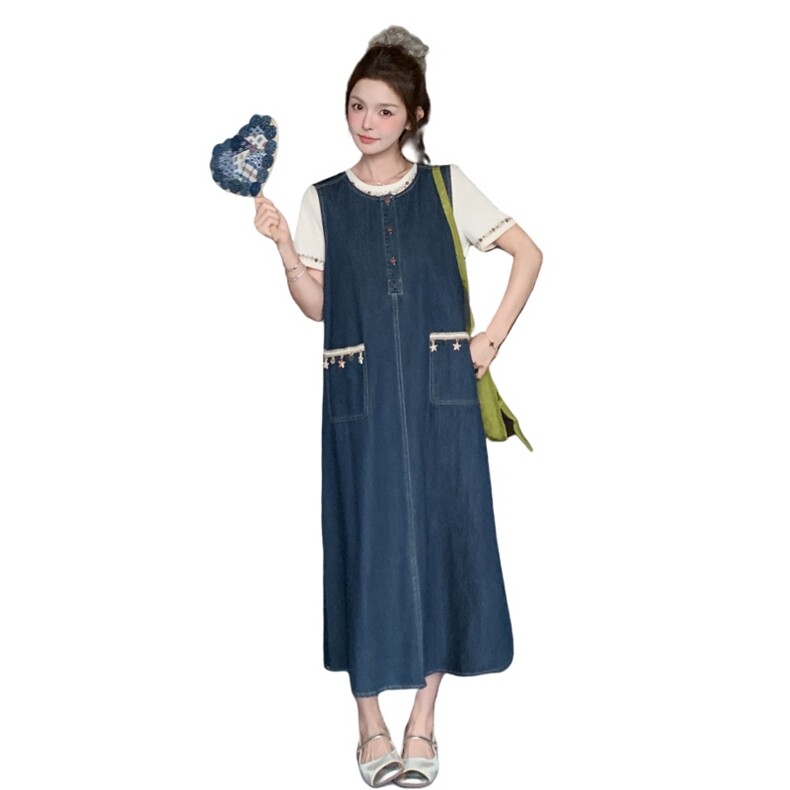 深蓝色牛仔连衣裙套装女2025夏季新款学院风减龄T恤背心裙两件套,女装套装/套裙,2C209