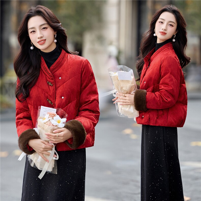 新中式guo风2025年冬季新年主推款可拆卸袖毛暗纹提花气质棉衣,女装棉衣/棉服,乐吉娜