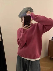 秋季新款简约百搭保暖圆领加厚针织衫女宽松显瘦长袖毛衣外套图片