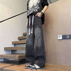 闪电纹黑色牛仔裤直筒裤子宽松水洗痞帅阔腿裤310A-4-NZ59-TP35，男装牛仔裤，星座310A-4