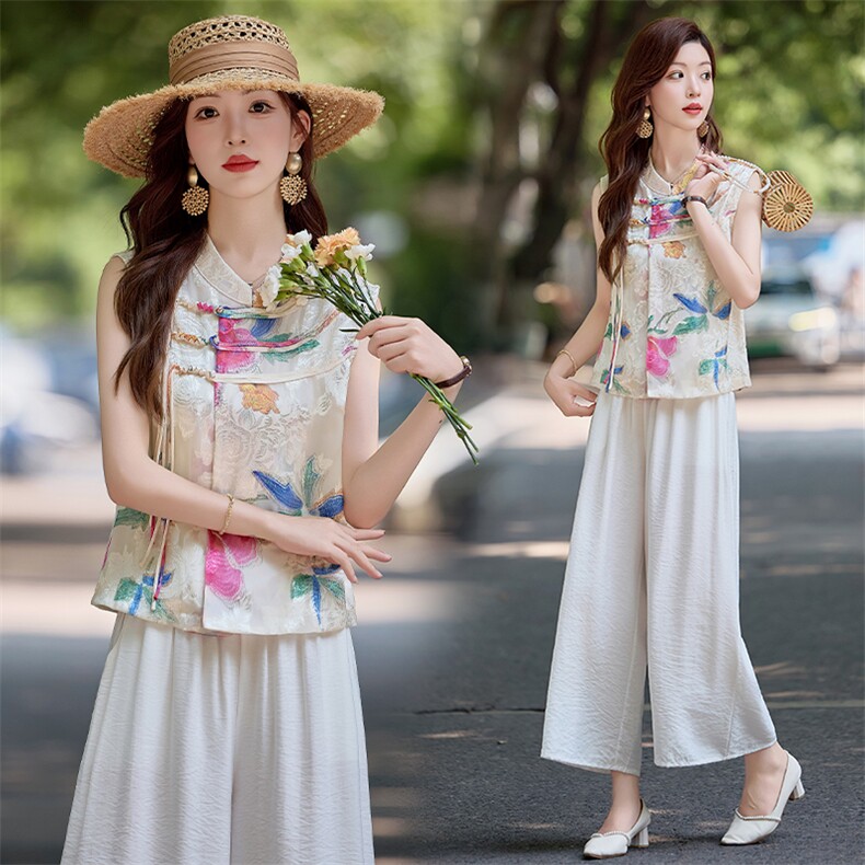 绝美新中式轻国风套装女夏季高级感时尚洋气减龄显瘦阔腿裤两件套，女装套装/套裙，木橙西子