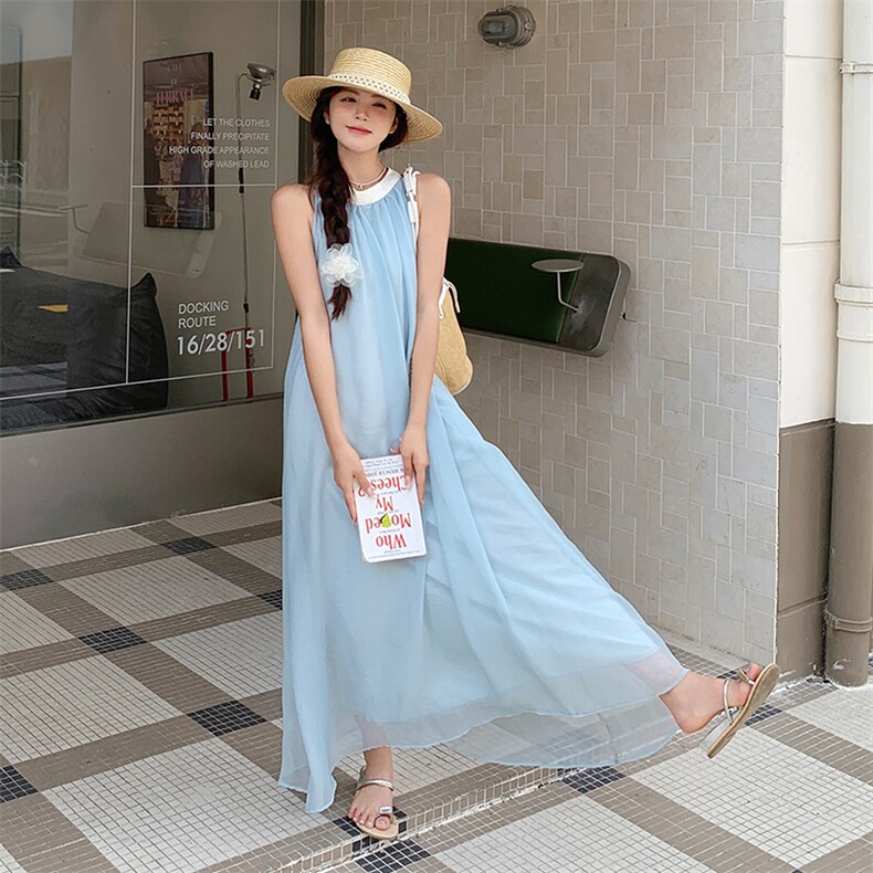 法式无袖挂脖连衣裙女2025夏季新款气质高级感绝美超仙度假风长裙,女装连衣裙,浙宝305