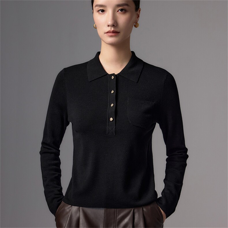 老钱风polo领针织衫女深灰色修身通勤上衣2025新款高端精纺羊毛衫,女装羊毛衫,蚂蚁派对工厂直营店