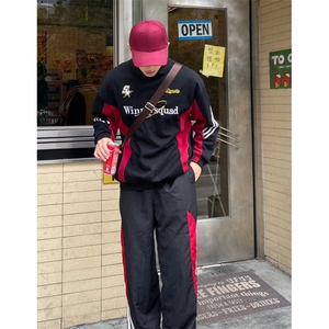 美式复古卫衣男春秋季潮流撞色长袖上衣宽松无帽机车服外套图片