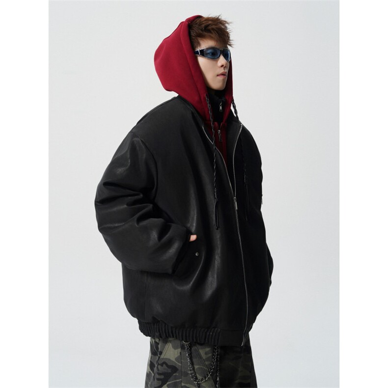 706-LK7071-P128  现货 冬季男士假两件连帽pu皮棉衣保暖棉服外套图片