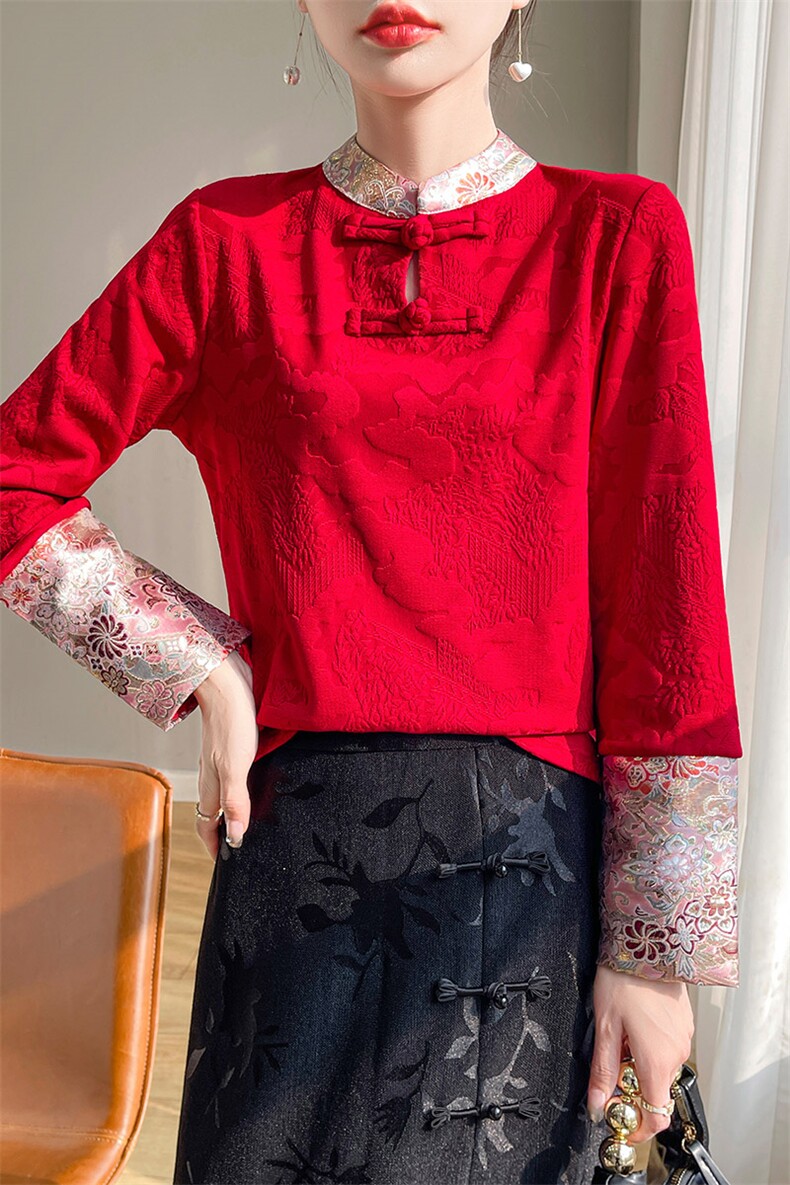 新中式女装重工绣花仿真丝上衣女云锦缎春季国风立领茶服盘扣衬衫,针织衫/毛衣,圣丽羊绒