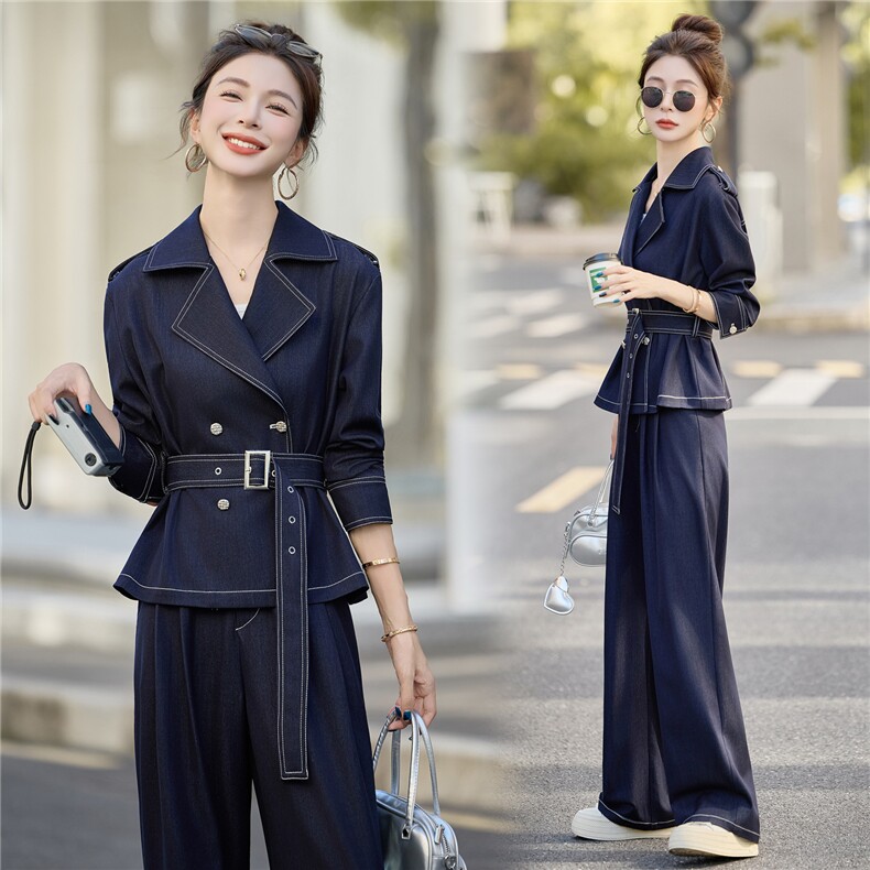 （新款现货）2026春装时尚双排扣肩章天丝牛仔阔腿裤套装(配腰带,女装套装/套裙,印象茜