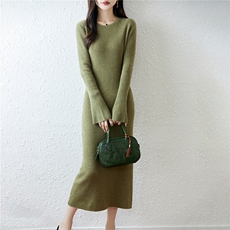 2025百搭时尚长款圆领喇叭袖羊毛衫，女装连衣裙，越洋羊