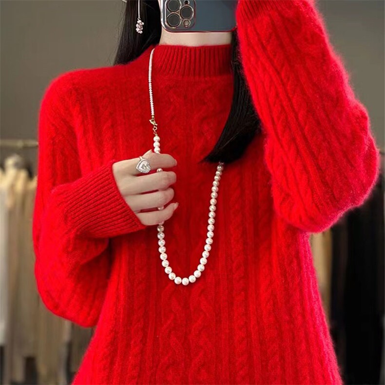 秋冬新款显瘦时尚百搭简约红色针织衫/毛衣，女装针织衫/毛衣，萱芳婷羊绒