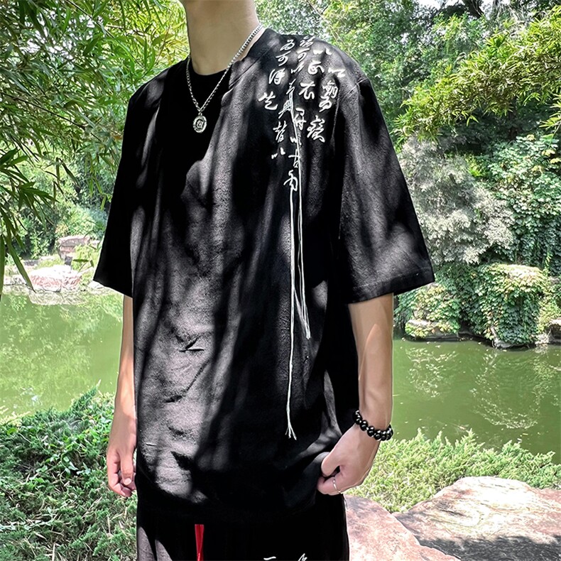 新中式现货男女款情侣风文字刺绣上衣短袖T062-P35-控58,男装T恤,电商A021