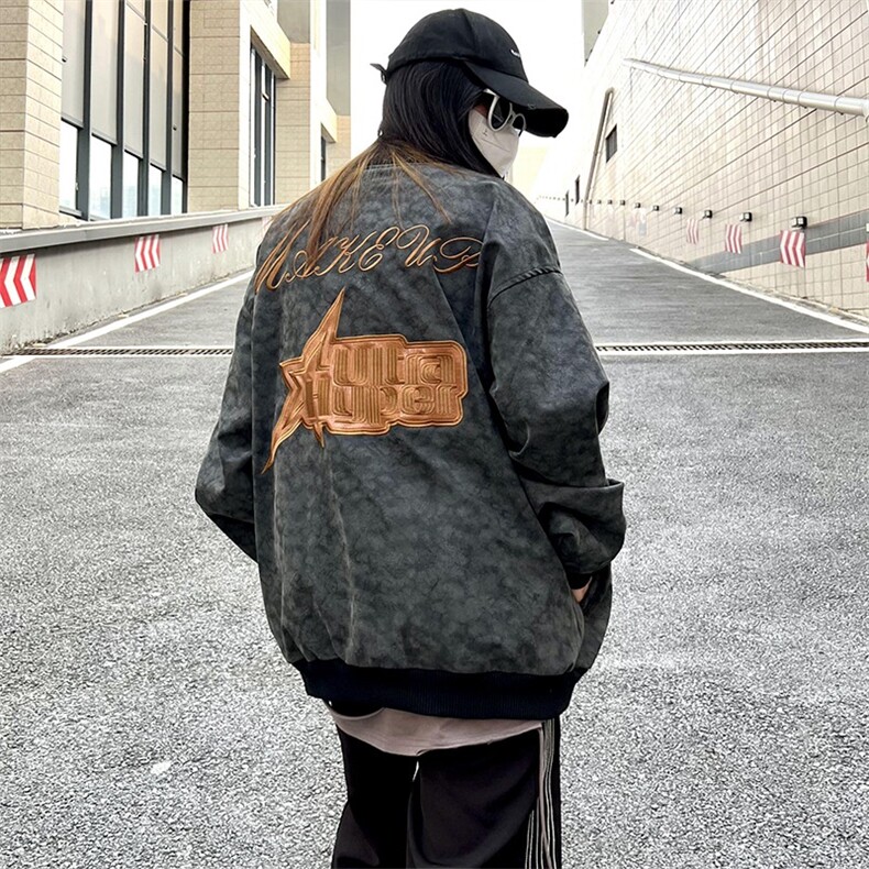 秋冬美式街头复古水洗字母刺绣棒球服夹克男嘻哈宽松小众高街外套,男装夹克,星座506A