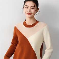 秋冬季新款女时尚百搭显瘦圆领套头三拼色羊毛衫，女装羊毛衫，琳尚羊绒