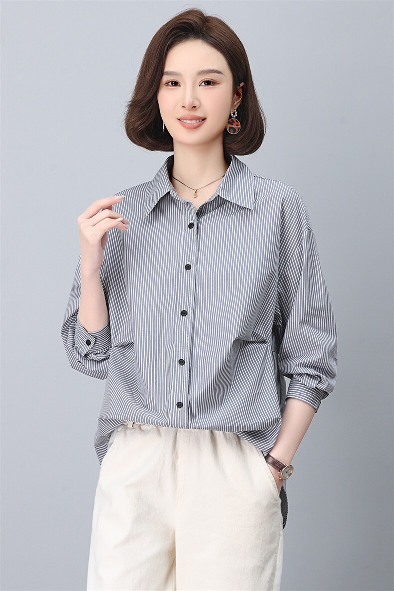 啄木鸟条纹衬衫女中长款2025春秋新款上衣遮屁股洋气长袖纯棉衬衣,女装衬衫,小林双子