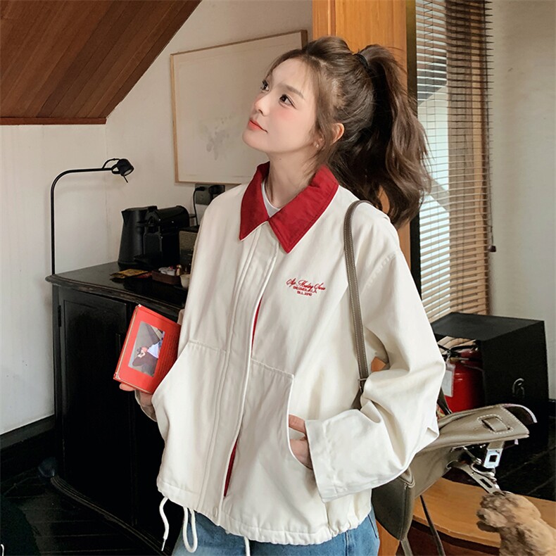 小个子学院风拼接撞色短外套女2025春季新款复古宽松时尚休闲夹克,女装短外套,维壹