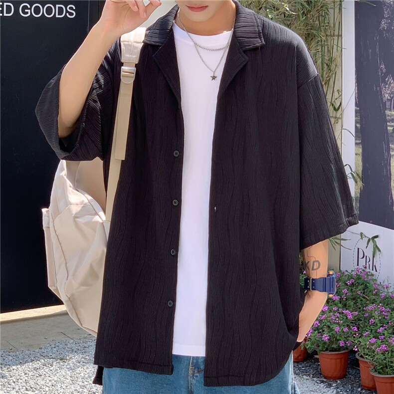C6057/P45港风高品质波浪冰丝垂感短袖衬衣男装宽松衬衫上衣控68,男装衬衫,电商A141