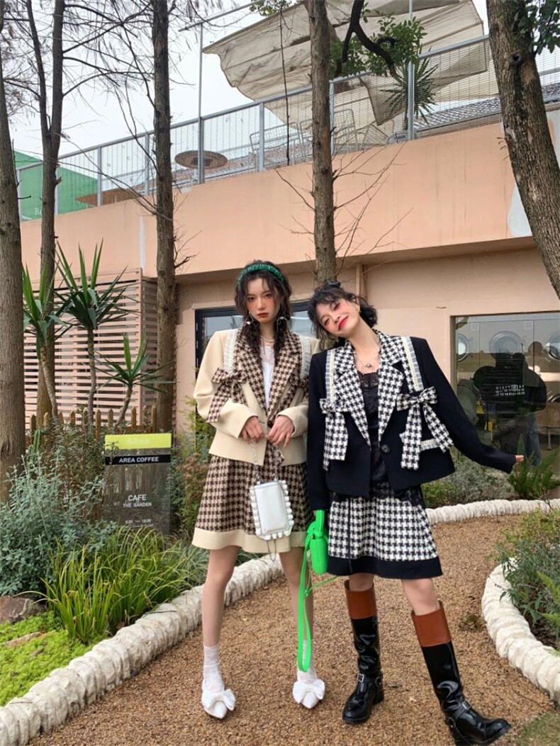 两色蝴蝶结格纹套装，女装职业装，YOUER DENG