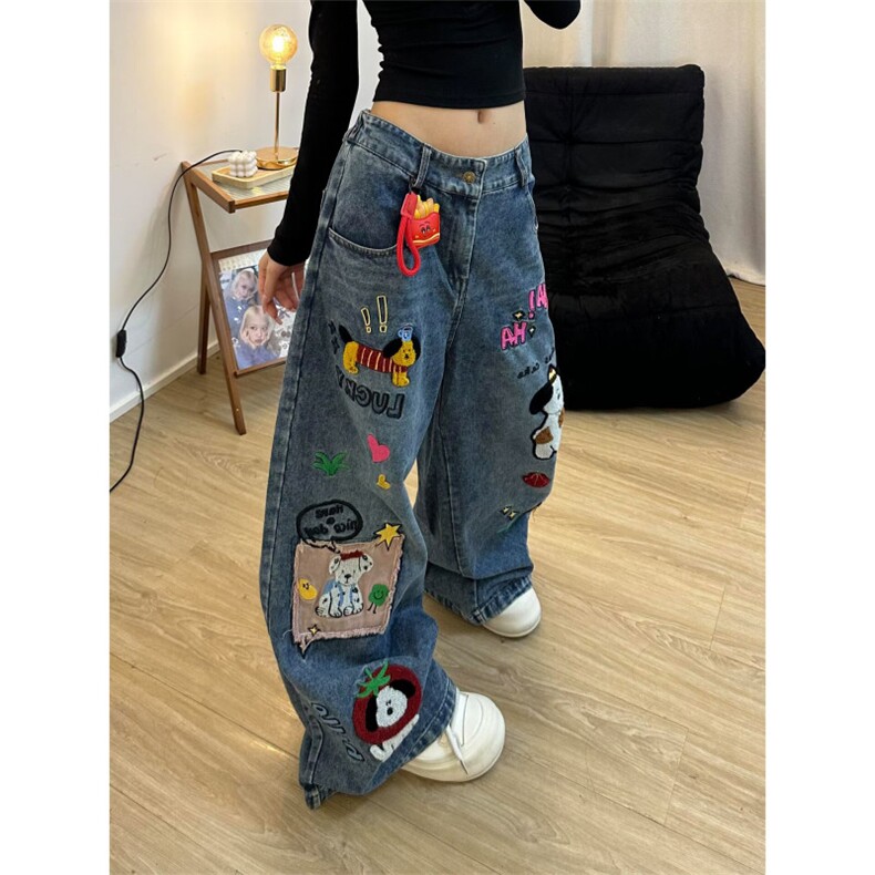 情侣美式趣味卡通刺绣复古水洗牛仔裤男女宽松直筒牛仔裤阔腿裤,男装牛仔裤,四季星座505