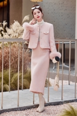 2023冬装女时尚潮流小香风羽绒服真狐狸袖毛白鸭绒套装，女装套装/套裙，艾贝斯