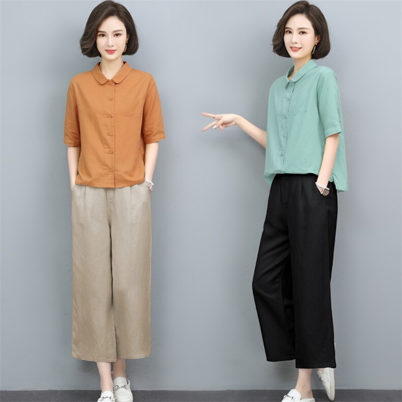 棉麻衬衫女夏季薄款2024年新款复古宽松中年妈妈气质休闲亚麻上衣,女装套装/套裙,璐依舞