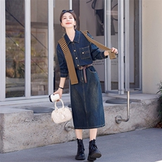 时尚春季牛仔连衣裙中长款显瘦修身设计，女装连衣裙，秋水欣儿