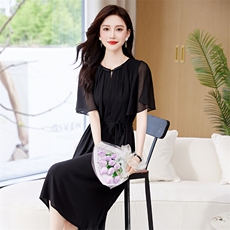 高级轻羽丝时尚礼服连衣裙2024新款夏季荷叶袖修身遮肚贵夫人裙子，女装连衣裙，卡杰菲
