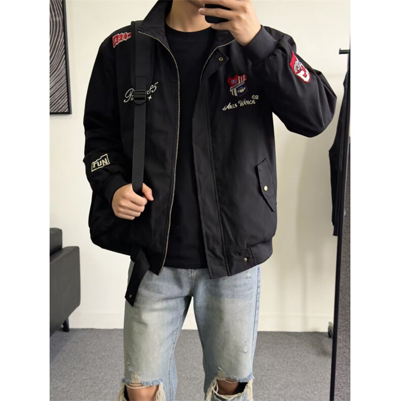 W11100-P73网图现货春季新款防风棒球服翻领夹克机车刺绣外套,男装夹克,星座1608