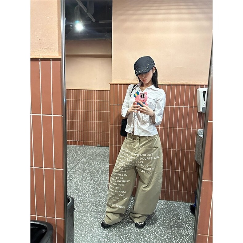 牛仔裤美式水洗字母印花阔腿工装裤男女慵懒宽松拖地裤NZX37,男装牛仔裤,星座516A