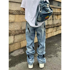 vibe风复古水洗做旧闪电贴布蓝色牛仔裤男宽松直筒长裤子NZ832，男装牛仔裤，星座516A
