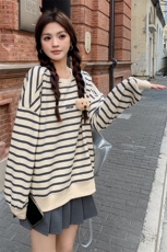 条纹长袖套头针织打底衫卫衣外套女2025春装内搭修身粉色甜美上衣，女装卫衣/绒衫，天使之佳话